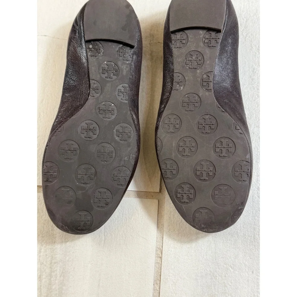 Tory Burch Reva Brown Pebbled Leather Tortoiseshell Logo Ballet Flats Size 9